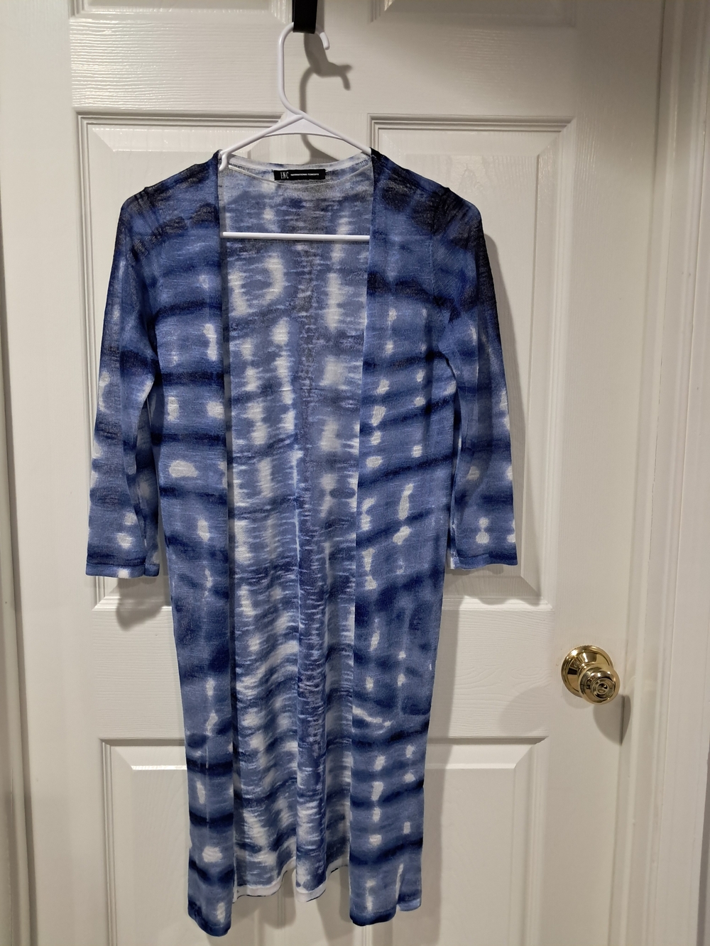 INC International Concepts Blue and White Tie-Dye Open Cardigan
